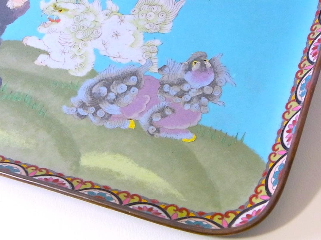 【 E801 】 超名品　明治期尾張七宝上手作品　銀線七宝獅子鳳凰文トレイ