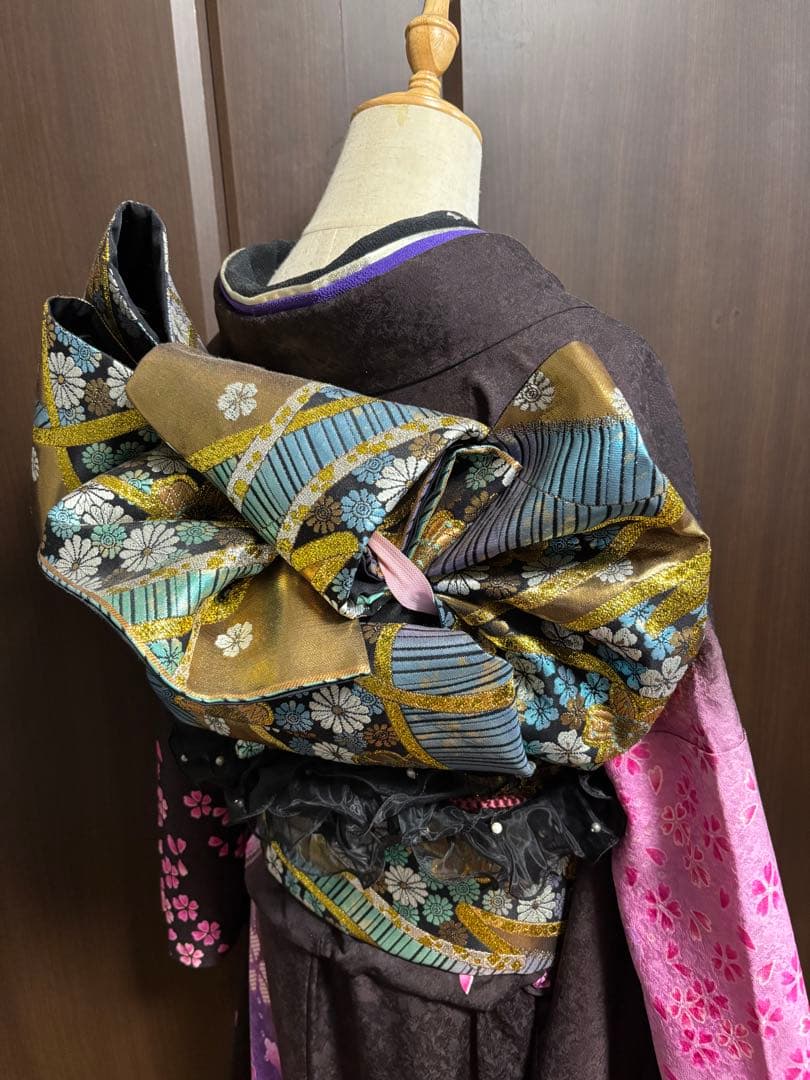 成人式振袖身丈160.5cm裄丈67cm雪輪 草花金糸金彩茶紫正絹美品セット中古