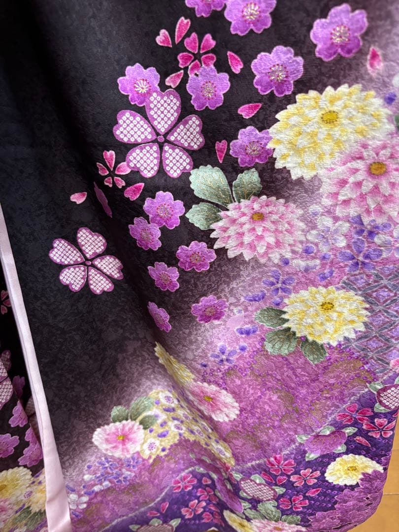 成人式振袖身丈160.5cm裄丈67cm雪輪 草花金糸金彩茶紫正絹美品セット中古