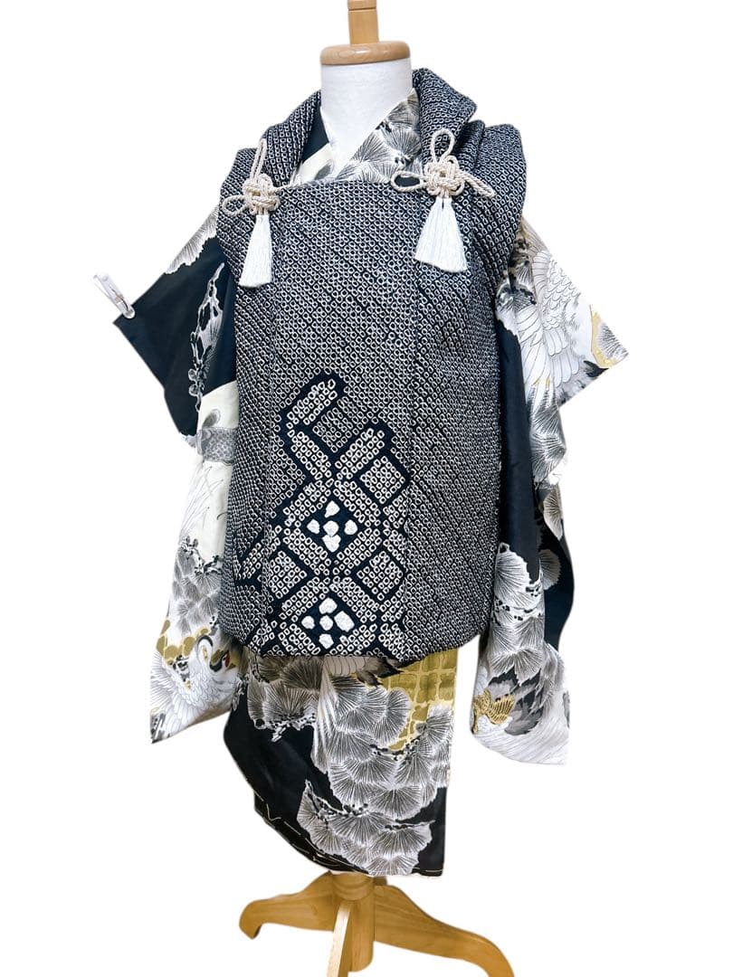 総絞り被布♡アンティーク着物　七五三　3歳　男の子　フルセット　一式　鶴　黒