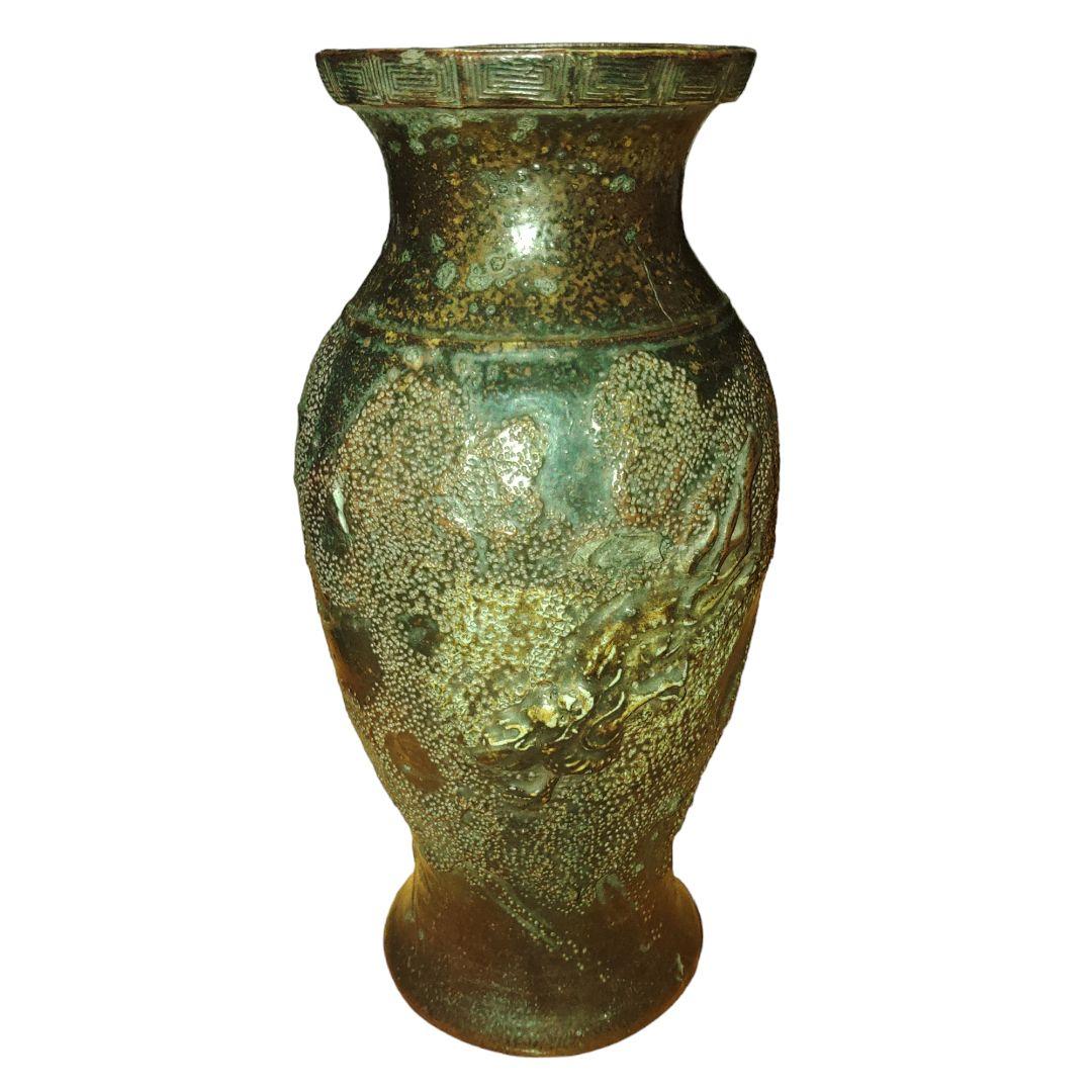 朝鮮系?古瀬戸?　飴釉　飛龍文花瓶　在銘