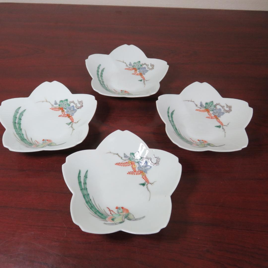 花型 中皿 白磁 色絵付 明治前後 鳳凰 希少品 4枚 古伊万里