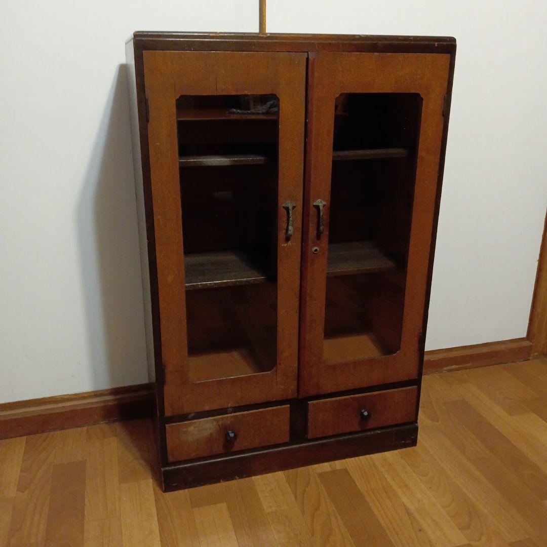 ガラスキャビネット　昭和レトロ　ガラス棚　小引き出し