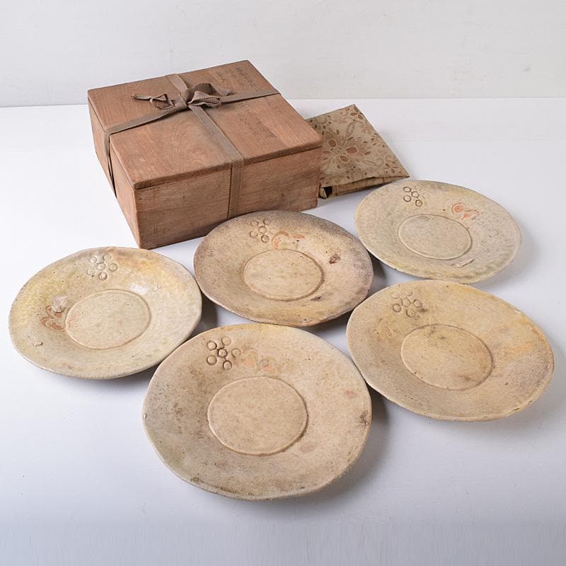 瀬戸焼　古瀬戸　銘々皿　五客　在銘　時代箱付　D　R8256