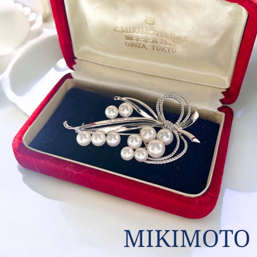 【美品★ケース付】MIKIMOTO パールブローチ リボン シルバー あこや真珠