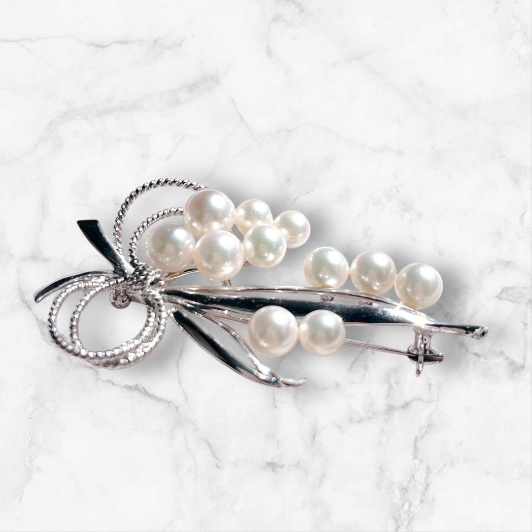 【美品★ケース付】MIKIMOTO パールブローチ リボン シルバー あこや真珠