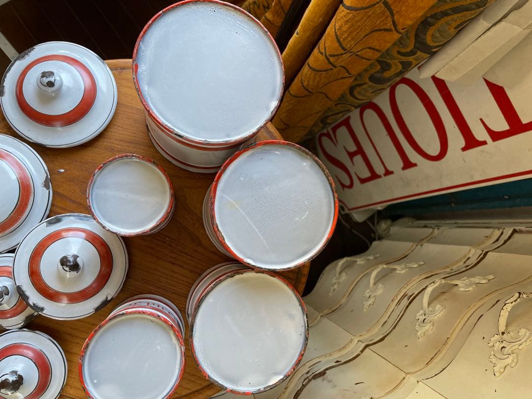 フランス　アンティーク　ホーロー　キャニスター　5個　ホワイト　レッド　ライン