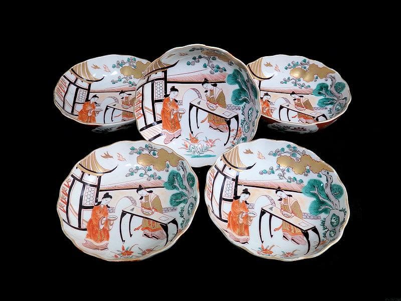 古伊万里　金襴手　唐人美人図　膾皿　５客　615AS-AEy