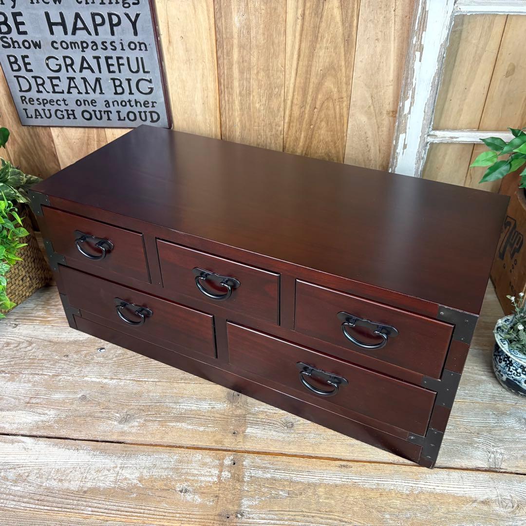 民芸家具☆木製桐材天然無垢和タンスチェスト横長（80㎝）飾り棚収納家具和室