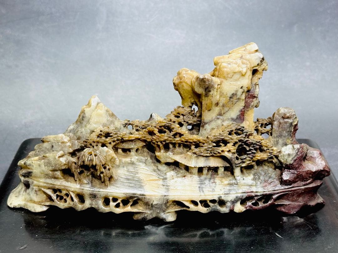 【⭐️稀少❣️美品⭐️】中国美術　寿山石　山水透かし掘り　細密彫刻