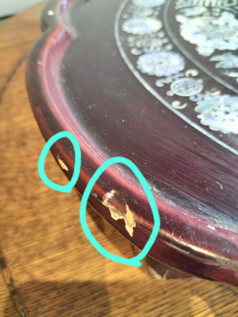 貝細工装飾の木製テーブル　御膳　螺鈿　使用感有