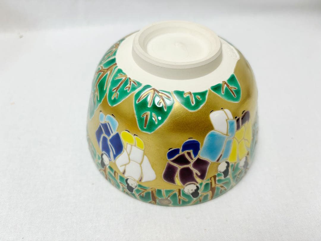 未使用 茶道具 平安御室窯 金彩 毛毬の森絵 茶碗 陶印 共布 共箱 二重箱