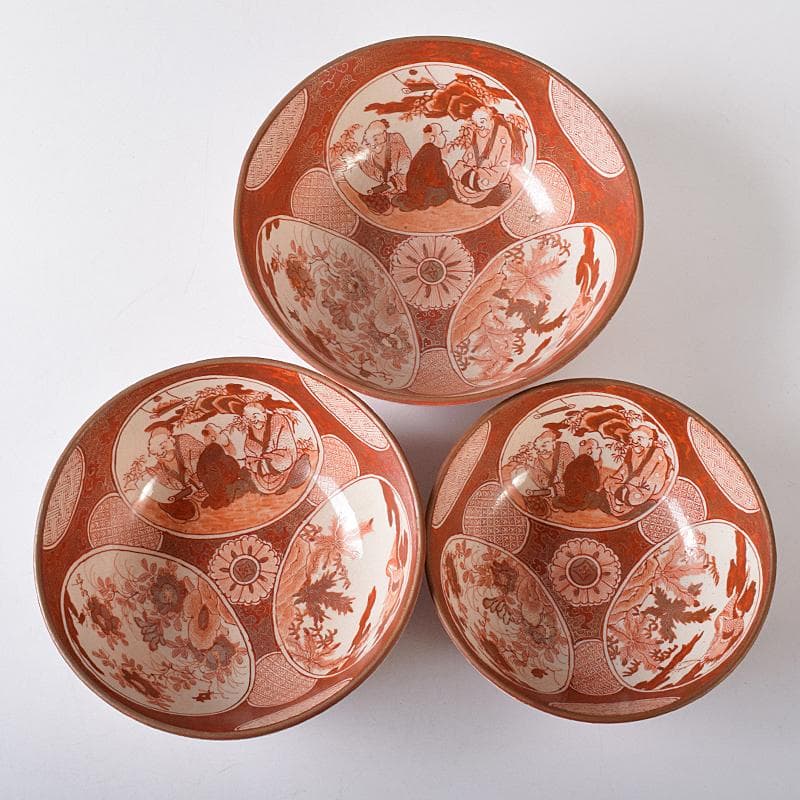 九谷焼　古九谷　赤絵金彩　窓絵　人物花鳥文　三ッ組鉢　時代箱付　U　R8370