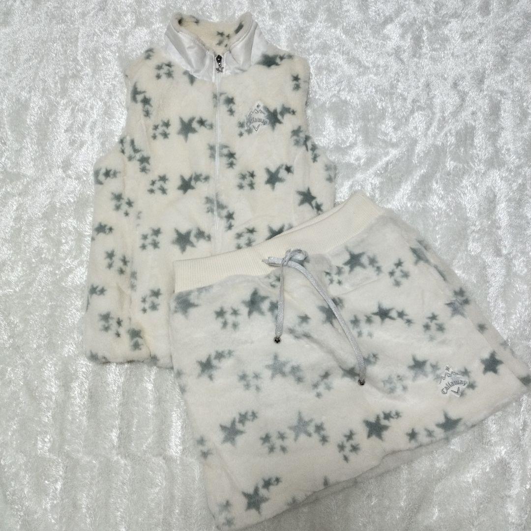 ふわふわ暖かいファー素材セットアップ ベスト＆スカート星柄Callaway
