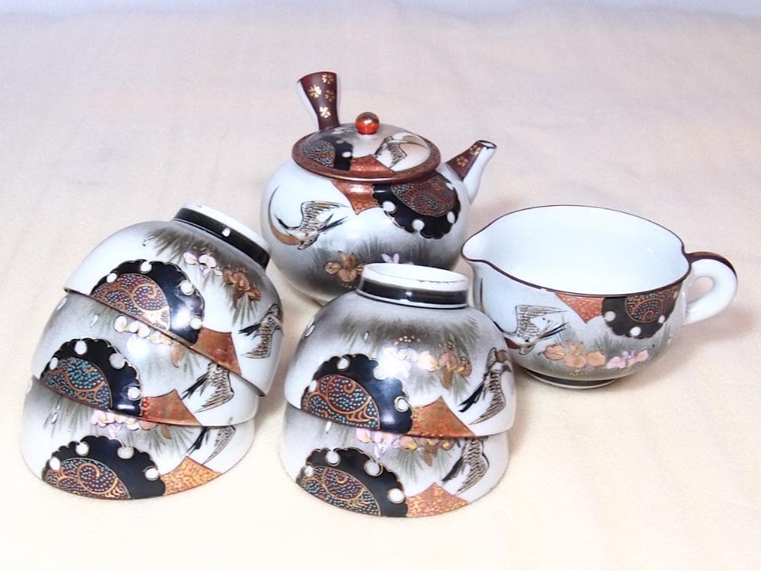 【骨董・時代の美品】九谷焼 茶器揃 5客 湯呑茶碗/湯冷まし/急須 鶴/花/青粒