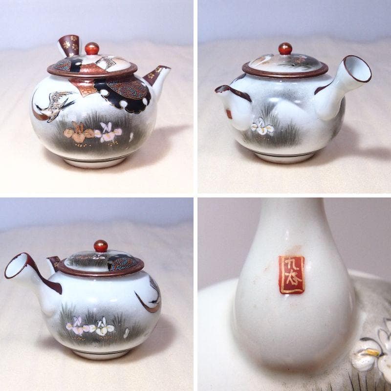 【骨董・時代の美品】九谷焼 茶器揃 5客 湯呑茶碗/湯冷まし/急須 鶴/花/青粒