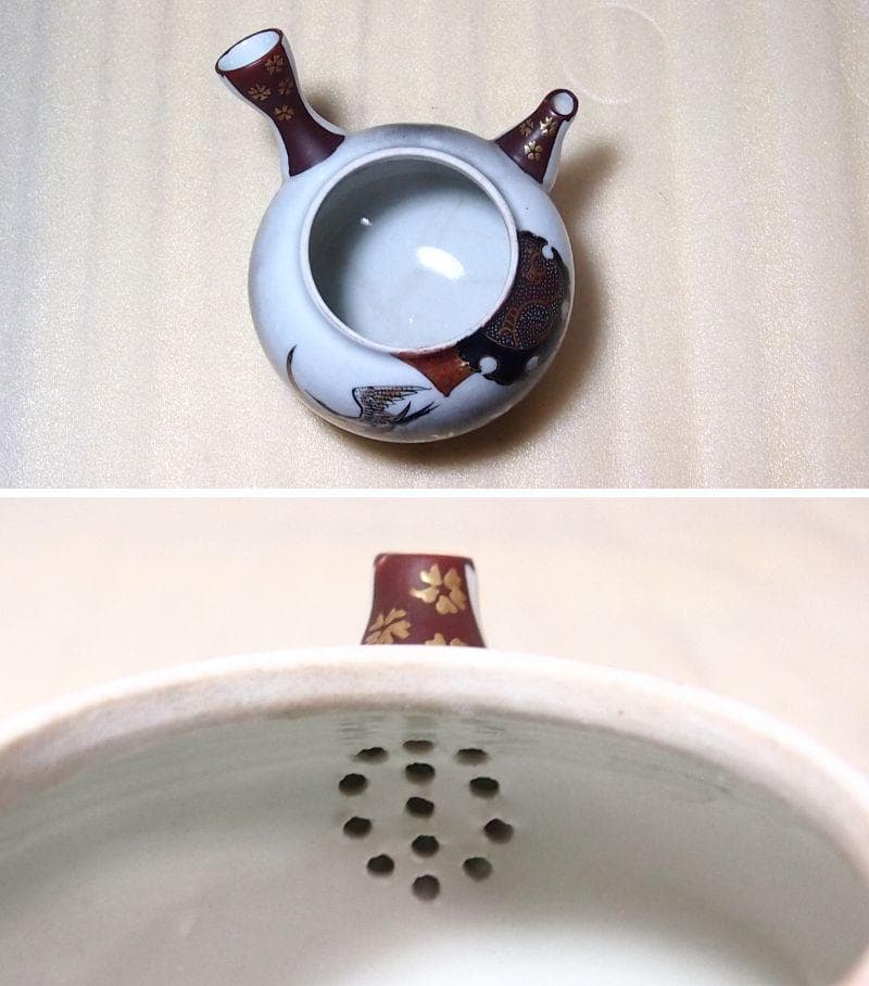 【骨董・時代の美品】九谷焼 茶器揃 5客 湯呑茶碗/湯冷まし/急須 鶴/花/青粒