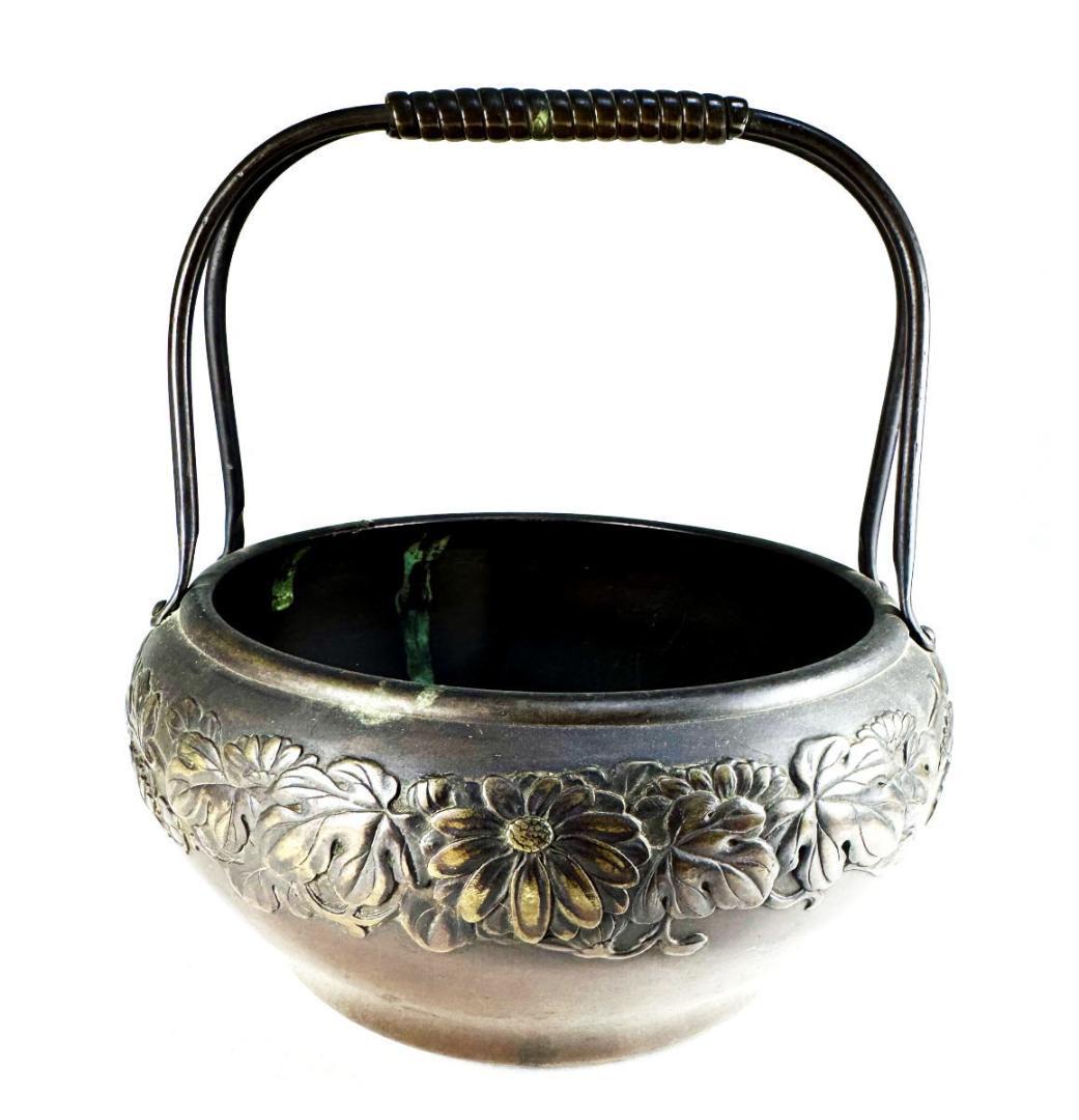 明治時代京都 森田山陽作 古銅花文提梁花器 在銘 古美術 ウブ品 WWST027