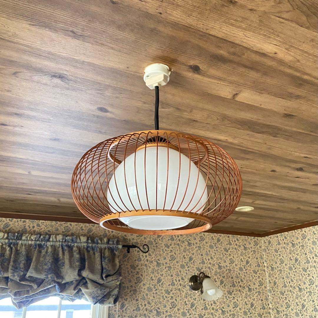 竹細工　天井照明　ペンダントライト　硝子シェード　和モダン　昭和レトロ