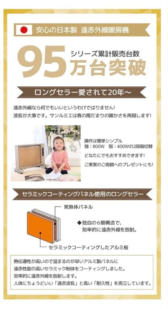 サンルミエキュート パールゴールド 遠赤外線ストーブパネル ヒーター 暖房器具