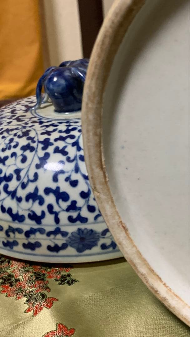 シノワズリ　ビンテージ　染付 青花　在銘　山水大壷　花瓶　大甕　オリジナル蓋付き