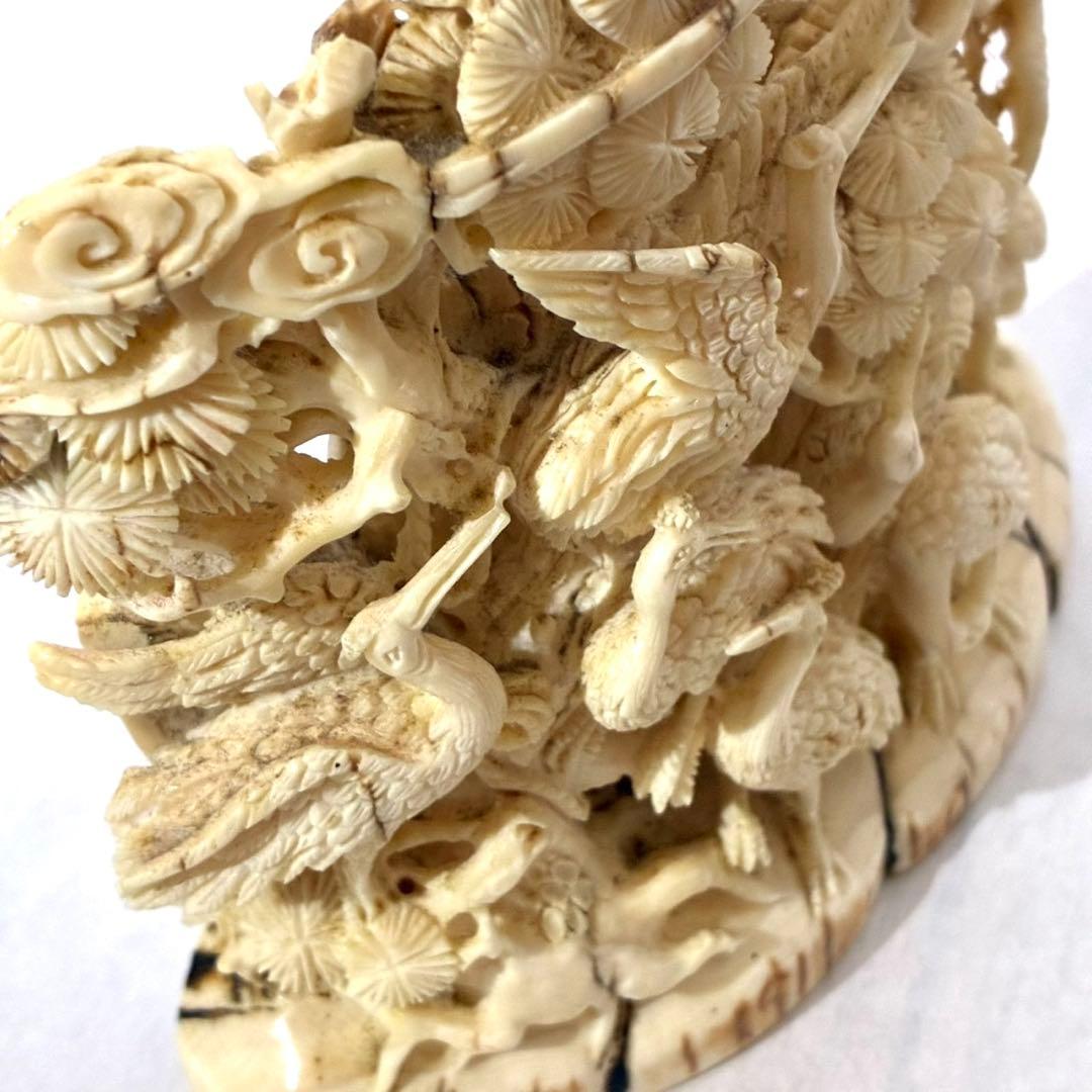 マンモス牙彫刻　細密彫刻鶴