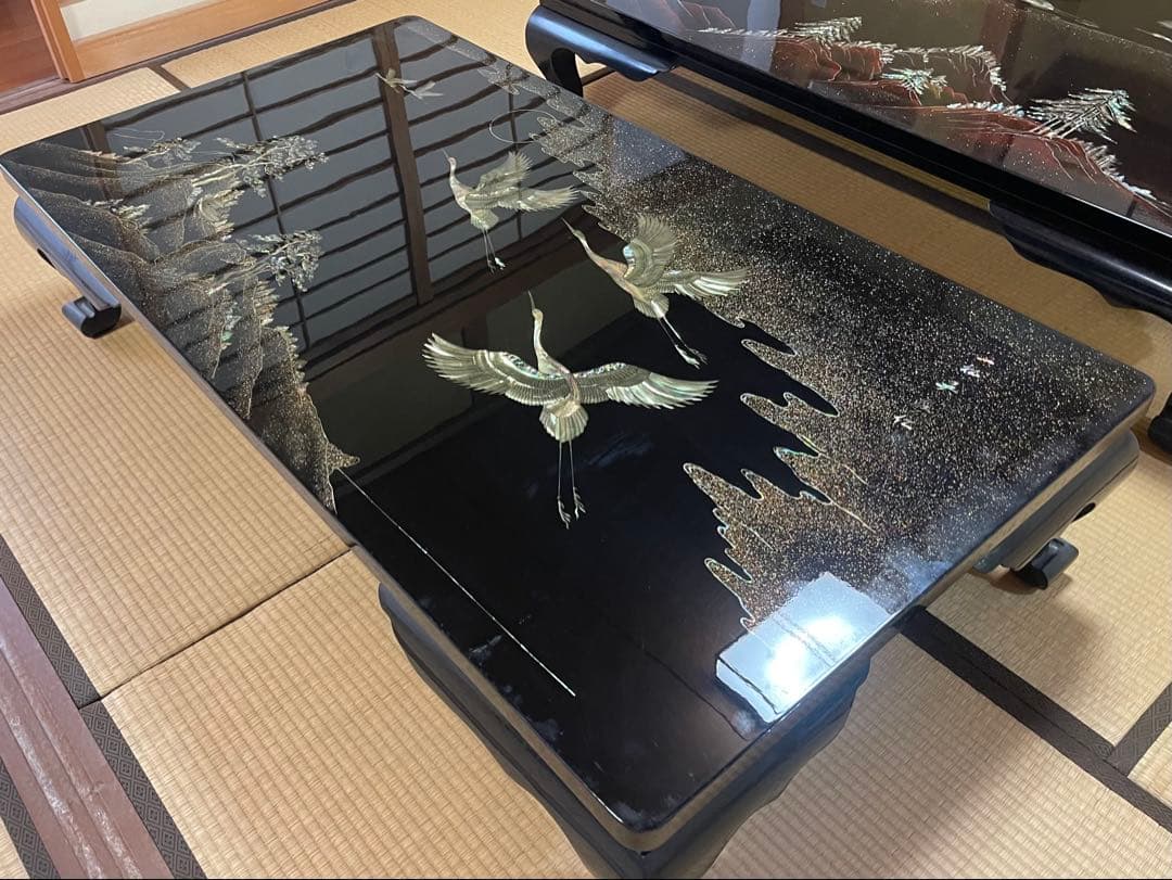 螺鈿細工 鶴 松 木製漆塗り 大型座卓 センターテーブル 黒　ビンテージ