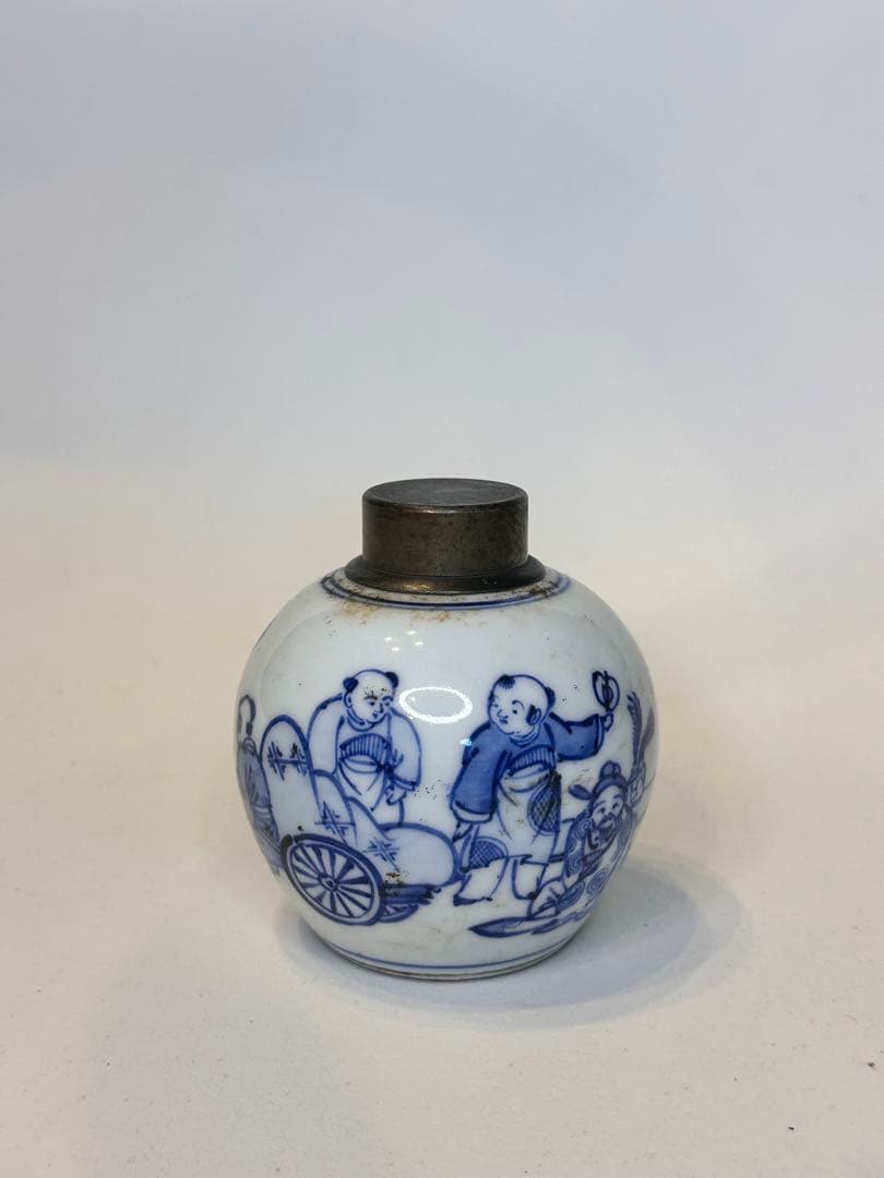 中国清代　人物染付茶葉缶　錫蓋　二重蓋　手描き　古美術　中国古陶磁　茶道具