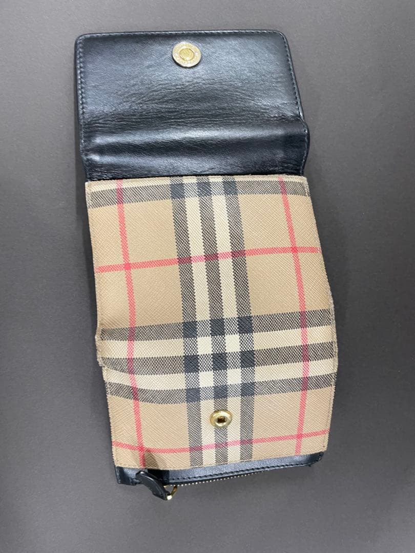 Burberry ギンガムチェック 三つ折り財布 ブラック/ベージュ