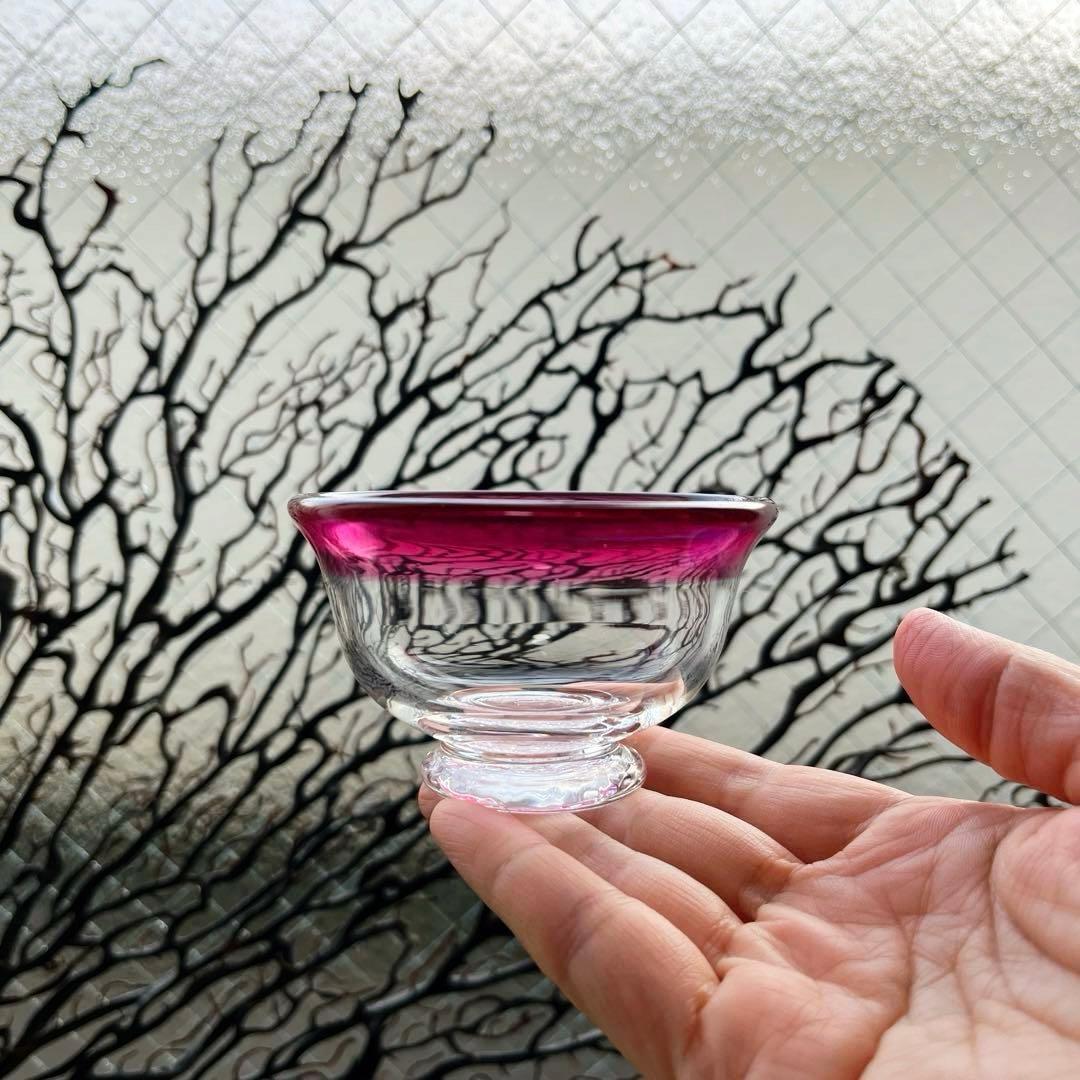 骨董　時代ガラス　金赤フチ　希少　桃色リップ　反り口　碗型　豆鉢　小鉢　氷鉢１客