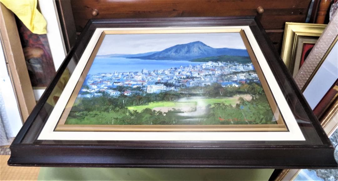 国立秀雄　「別府湾」　油彩F10号　大分県、別府湾と高崎山の情景　真作保証