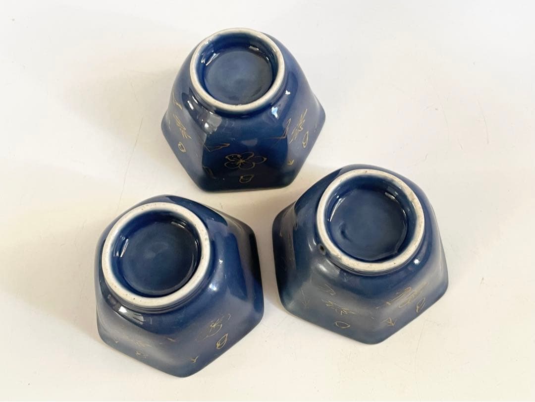 骨董　アンティーク　古伊万里　瑠璃金彩　六角　猪口　盃　小鉢　松竹梅　瑠璃釉