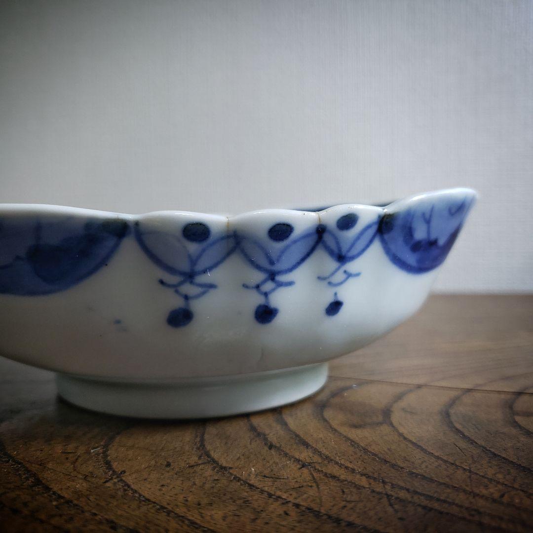 変形皿　舟形　染付　2客　銘　古伊万里　明治　変わり図柄　芙蓉手