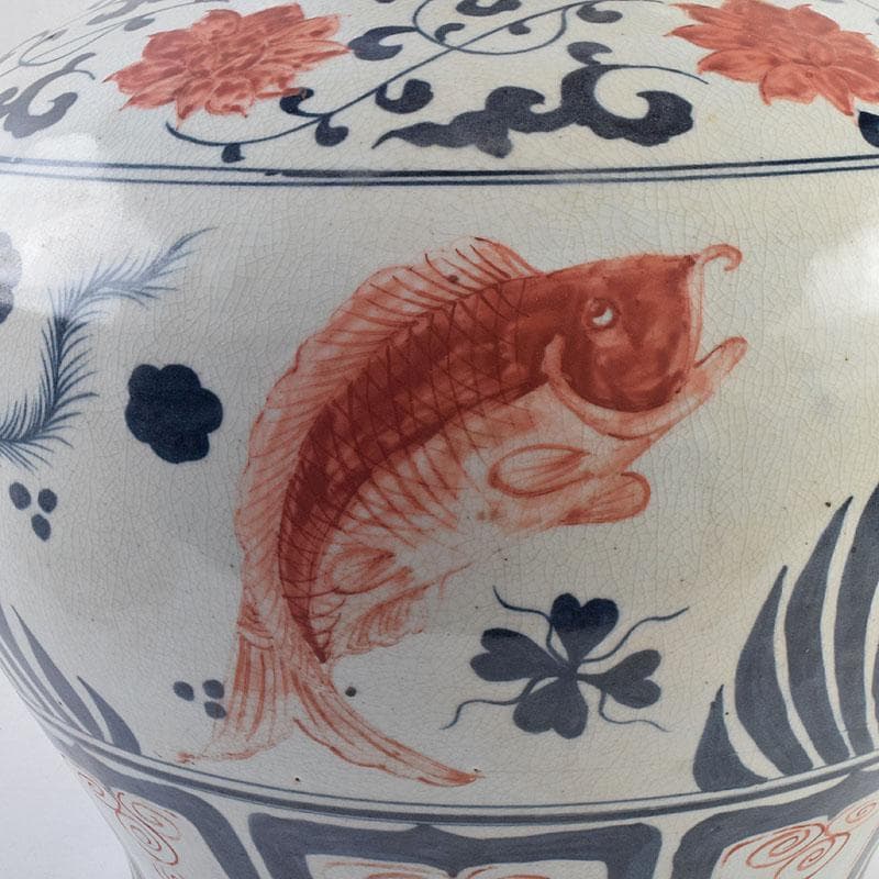 大発中国　辰砂　花弁魚藻文　獅子摘　蓋壺　Ｃ　8939Ａ