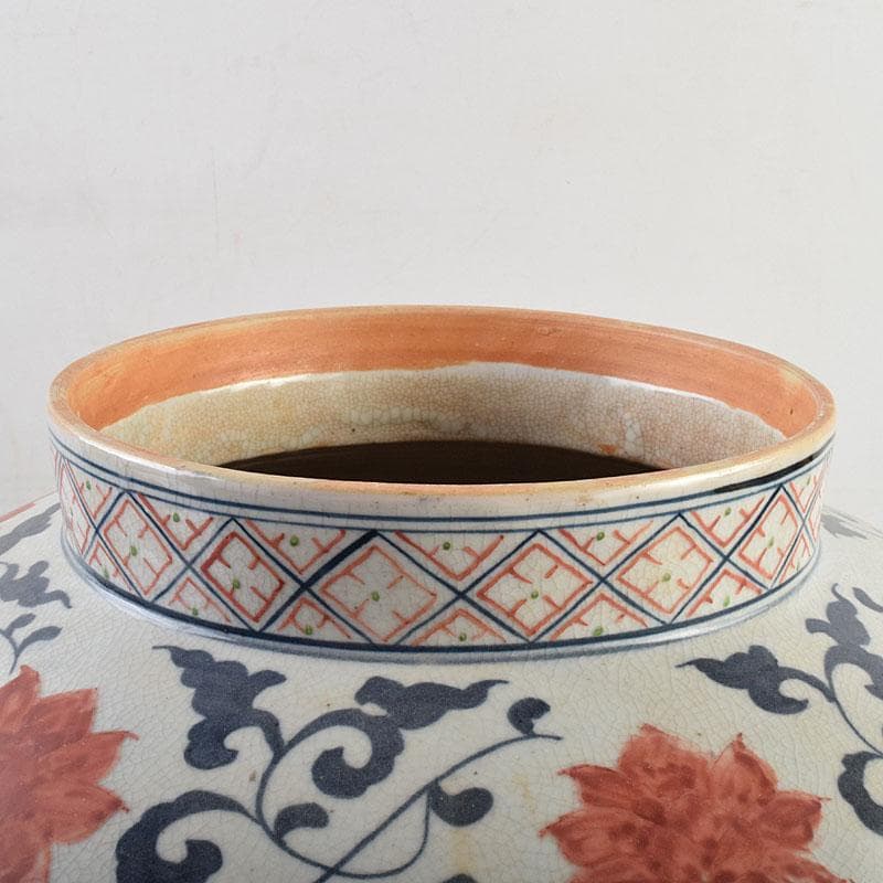 大発中国　辰砂　花弁魚藻文　獅子摘　蓋壺　Ｃ　8939Ａ