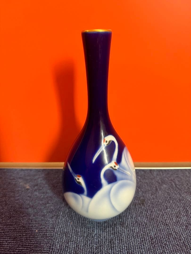 1833 深川製磁　金縁鶴文鶴首花瓶　花入れ