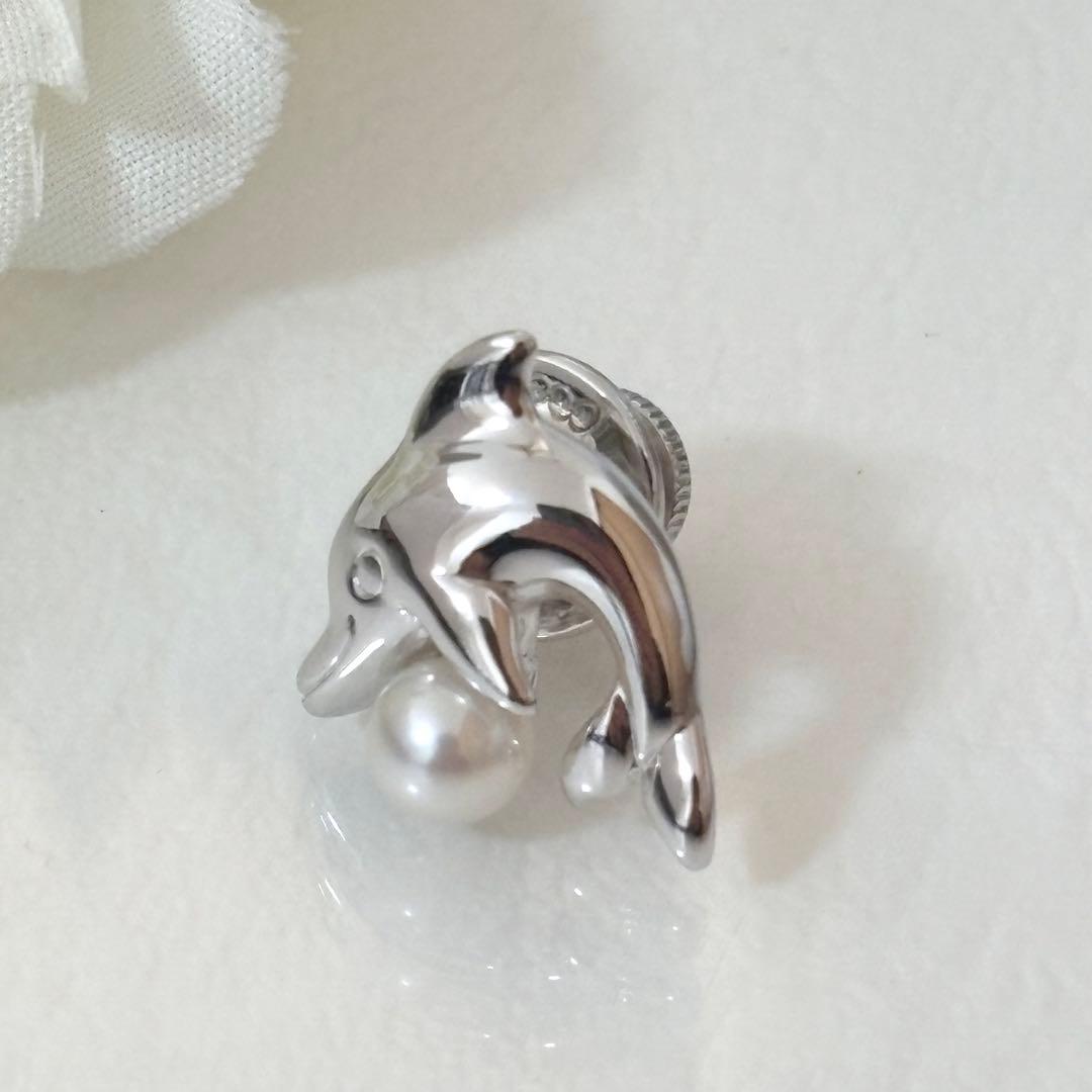 024【ミキモト】シルバー　パール　ピンブローチ　イルカ