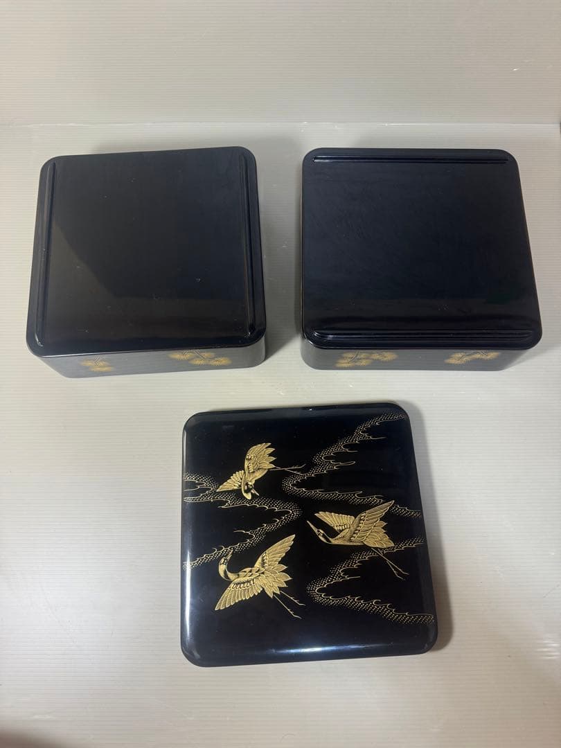 2445 輪島塗　金蒔絵　松鶴文　二重箱