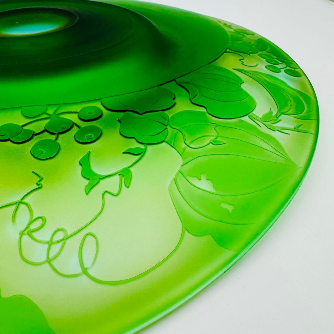 【硝子工芸　山田美彌子　月の宵　大皿　共箱】インテリア　グリーンガラス