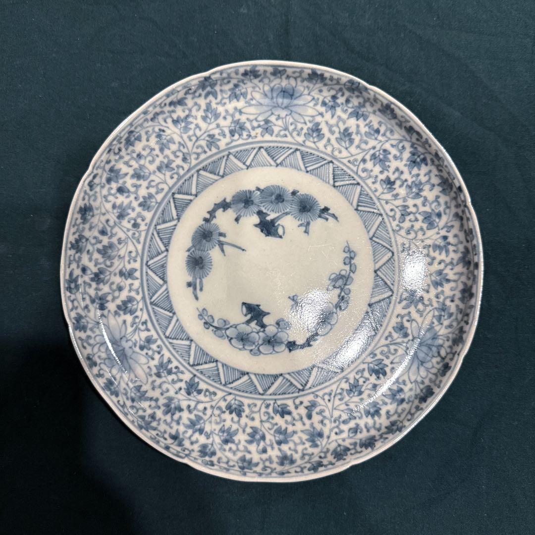 古伊万里　染付　花唐草　中皿　無傷完品