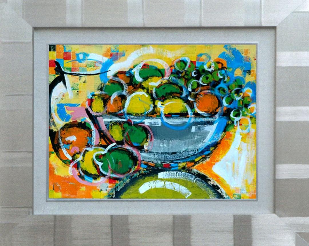 油絵 絵 絵画インテリア 額付(白) uF6-061604 静物 果物 ポット