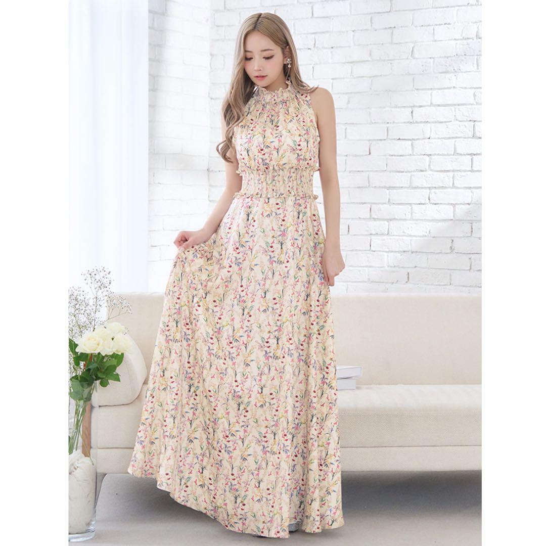 ERUKEI ハイネックフリル フラワープリント Aラインロングドレス