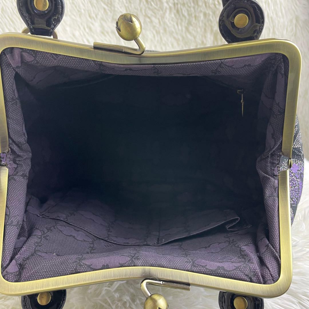 美品 ANNA SUI アナスイ ハンドバッグ がま口 花柄 紫 黒 保存袋付