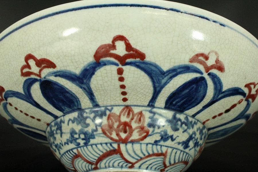 中国美術 赤絵青花 纏枝蓮花紋 壷盤 φ30.5cm(LC178)