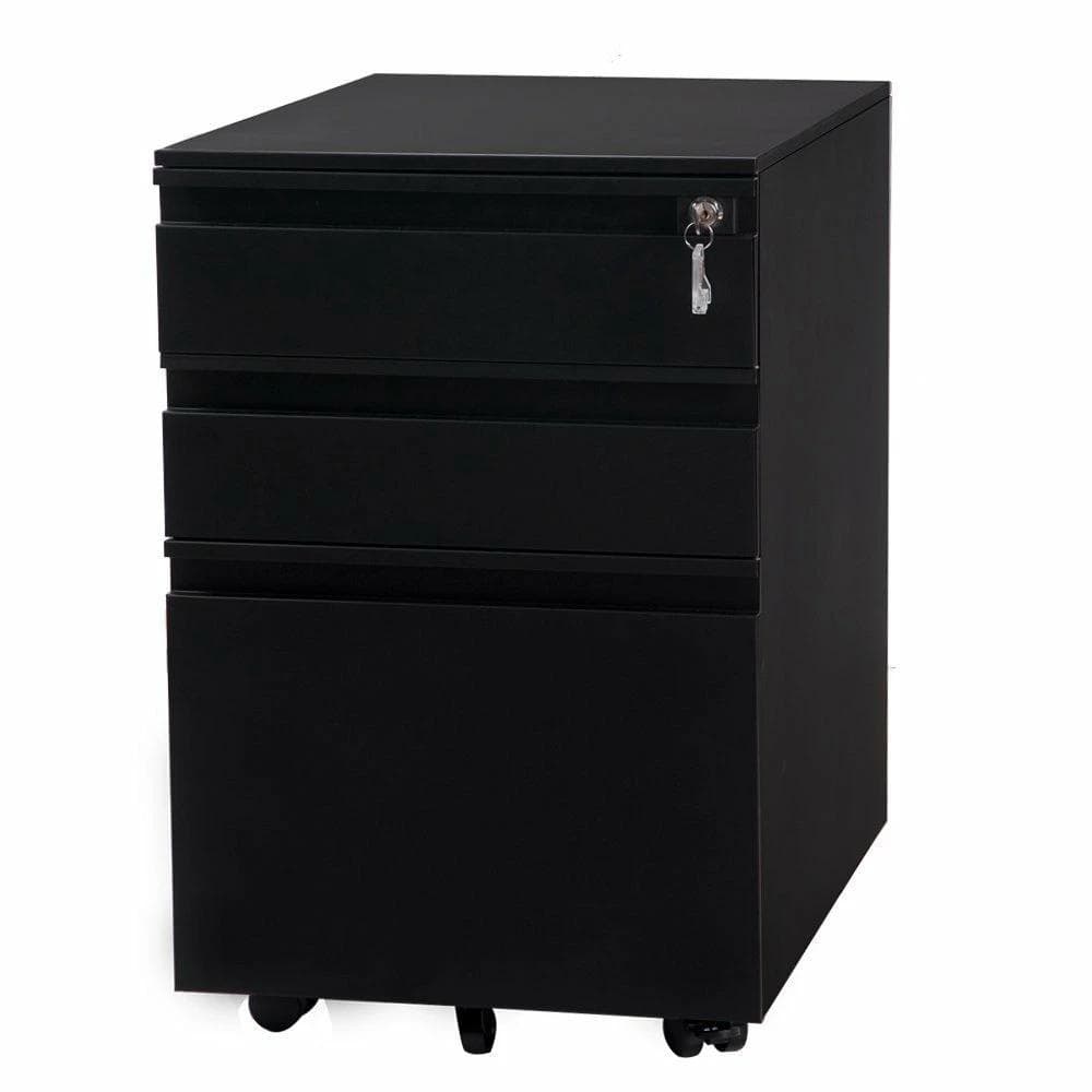 超人気！オフィスワゴン3段組立て不要 キャスター付き 鍵付き60cm Black
