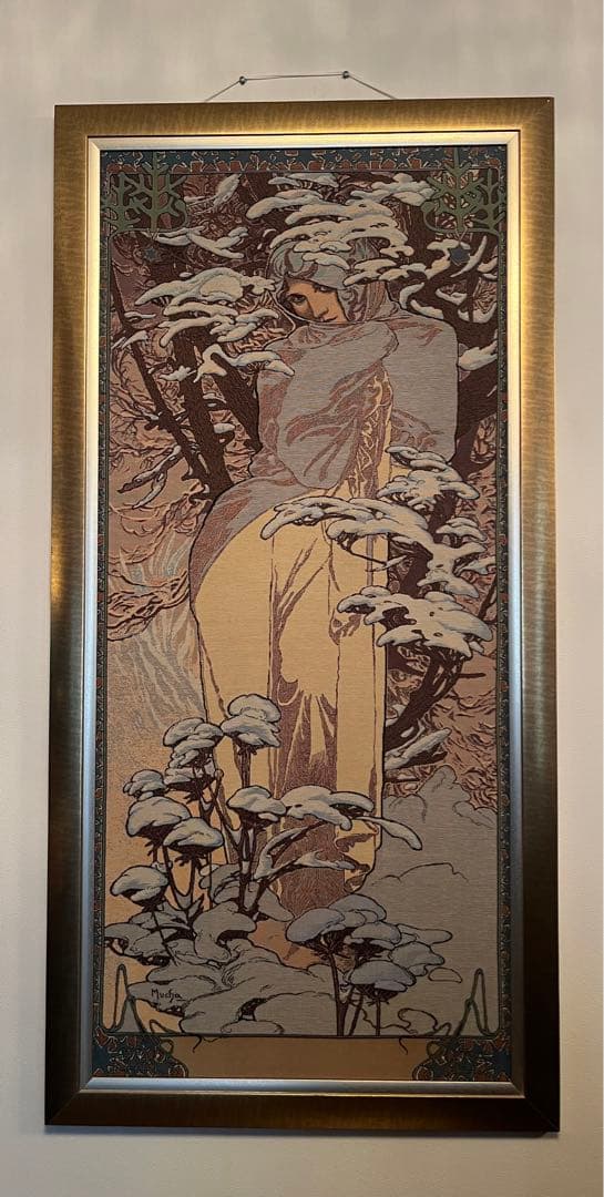 大判 　Alphonse Mucha ガラス絵の冬 - 四季 絨毯 額入アート