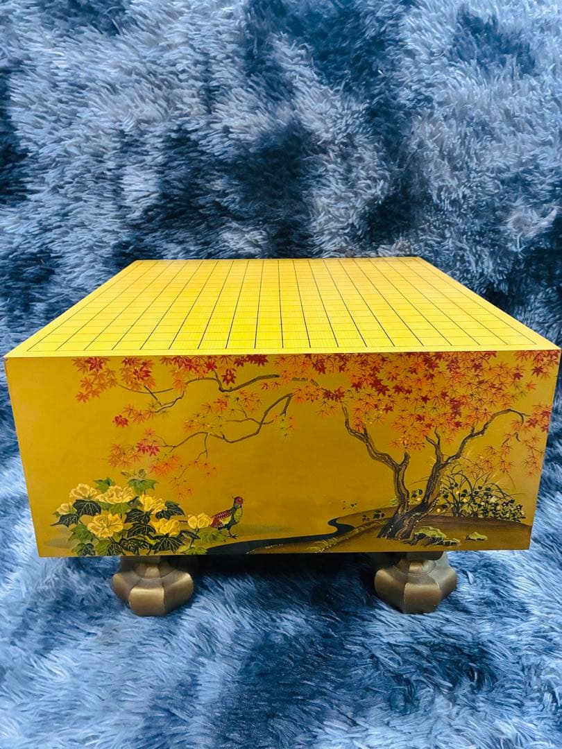 【野畑直子】作 金地漆絵四季花鳥図碁盤 碁笥 本蛤那智黒碁石 約42x45cm