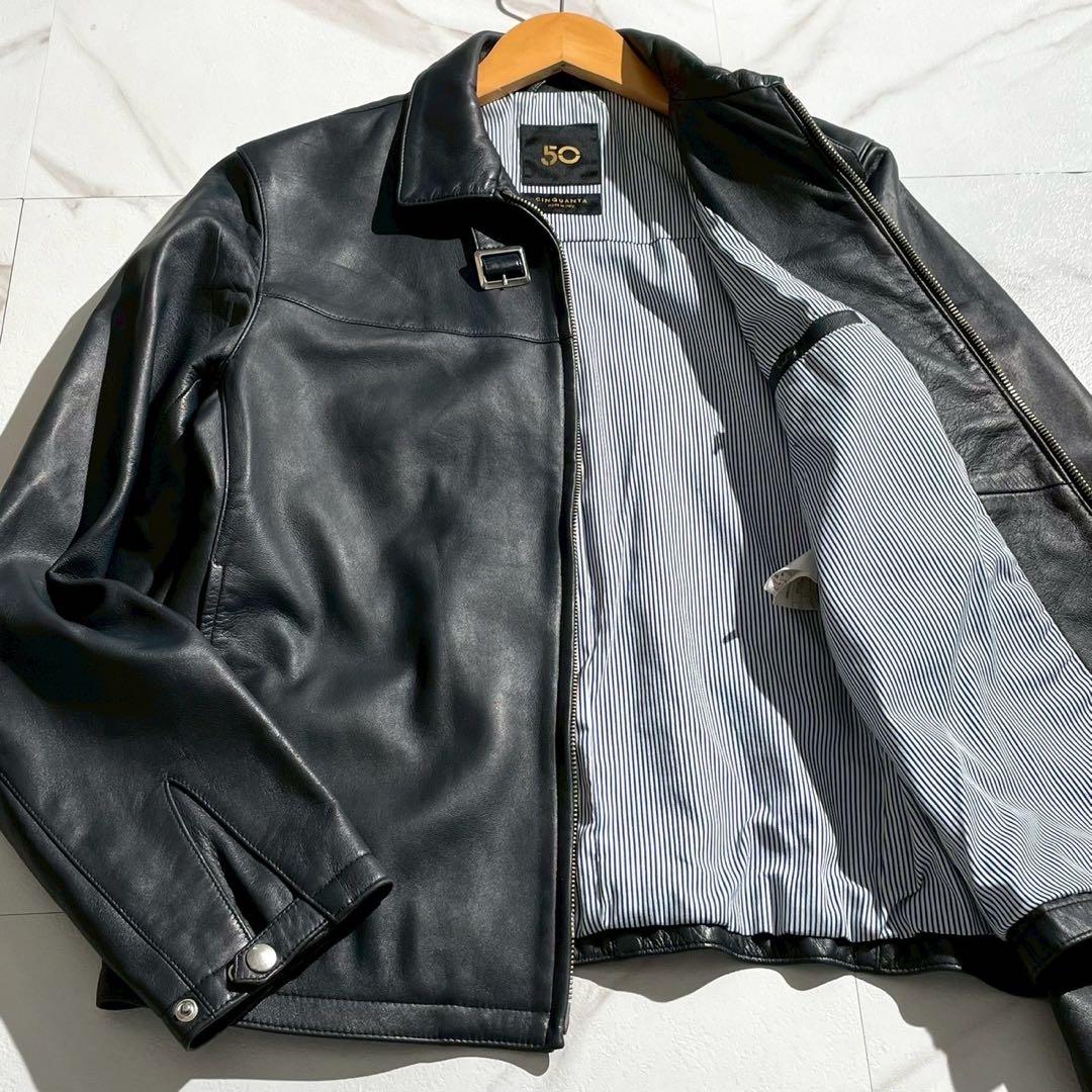 【美品】チンクワンタ レザージャケット 羊革 ネイビー ストライプ シングル