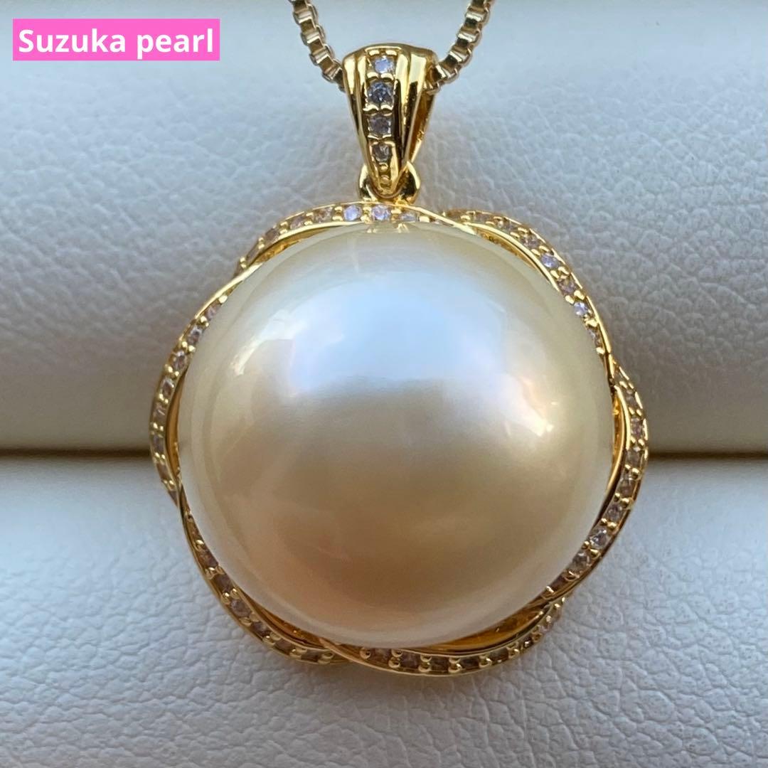 本真珠　南洋白蝶真珠ネックレストップ　15.3mmシャンパンゴールドPT753