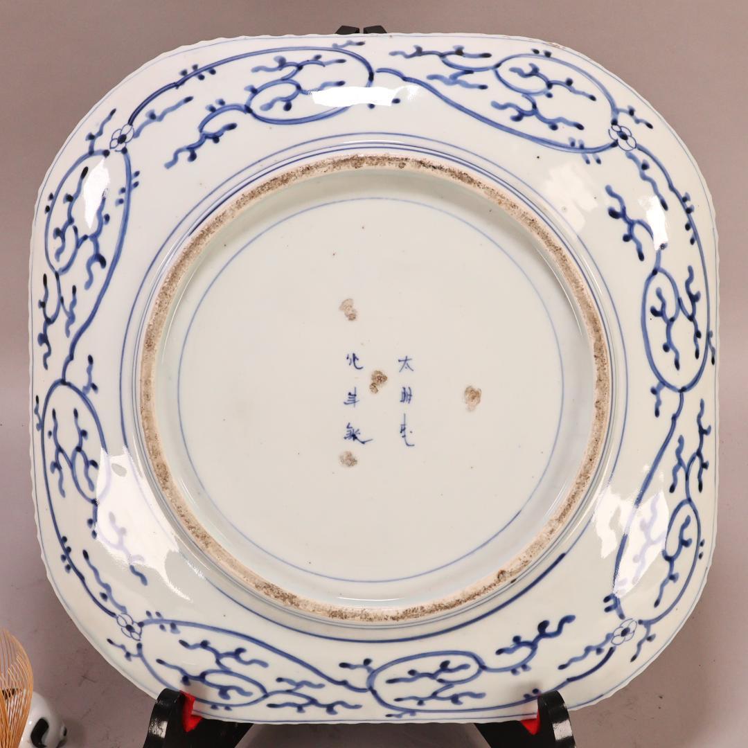 BK304　江戸期　肥前焼　古伊万里　大明成化年製　牡丹鳳凰角切刺身鉢　37㎝